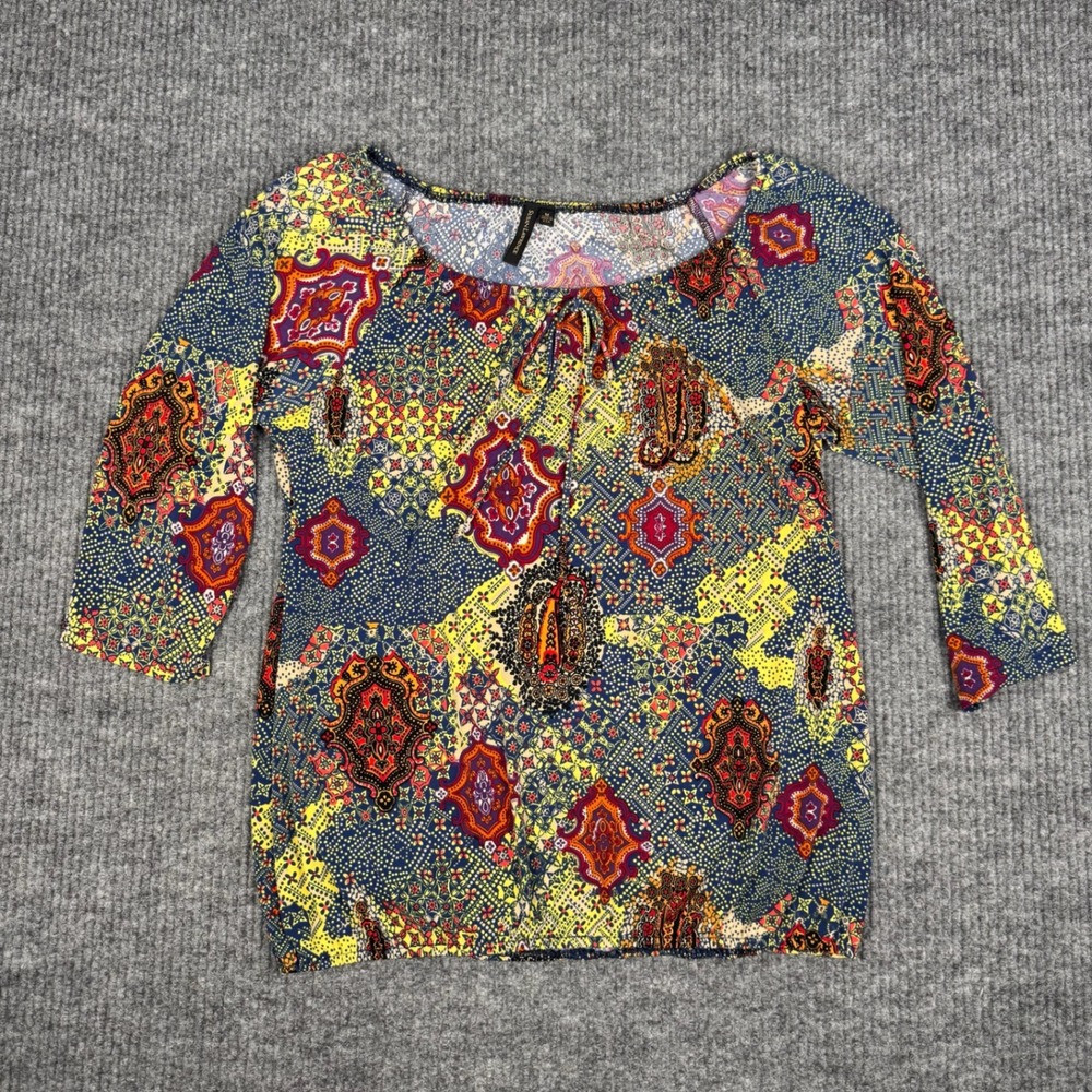 Vtg Y2K Susan Lawrence Blouse Top Womens M 3/4 Sleeve Colorful Medallion Print